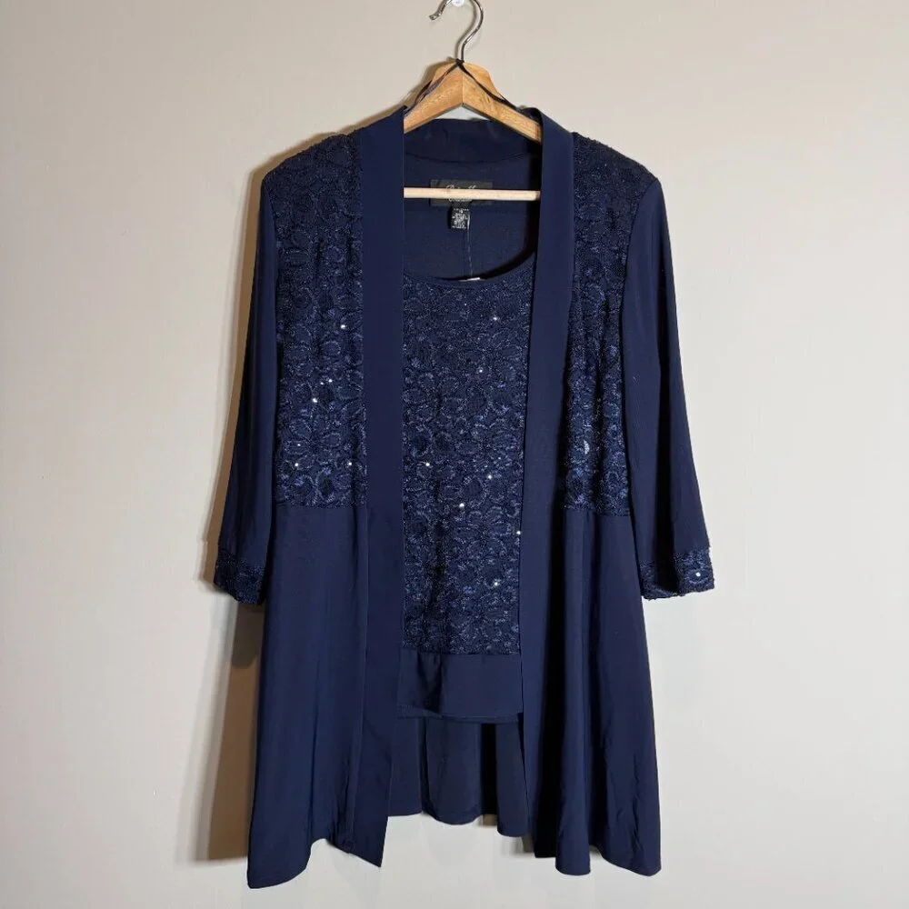 R&M Richards Lace & Sequin Jacket Tank Set Women's 10 Blue Formal Dressy Sparkly